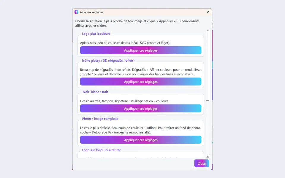Choisissez un preset — l'aperçu se met à jour pendant que vous réglez